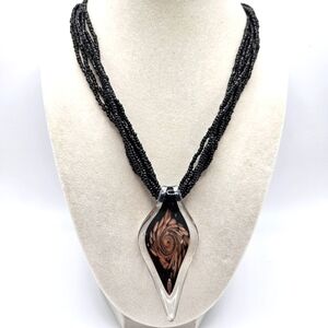 VINTAGE Black Seed Bead Italian Glass Pendant Necklace